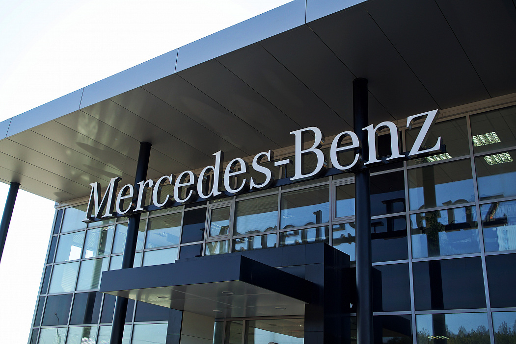 Facade sign for a Mercedes-Benz dealership